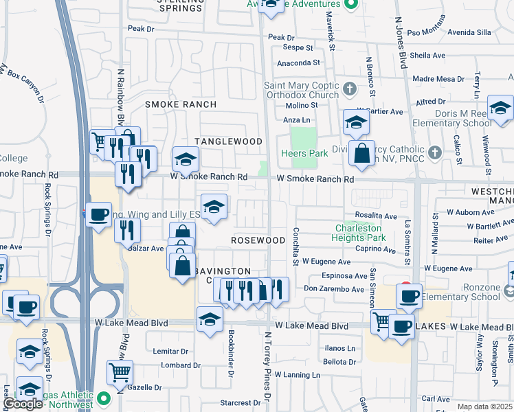map of restaurants, bars, coffee shops, grocery stores, and more near 6445 Addely Drive in Las Vegas
