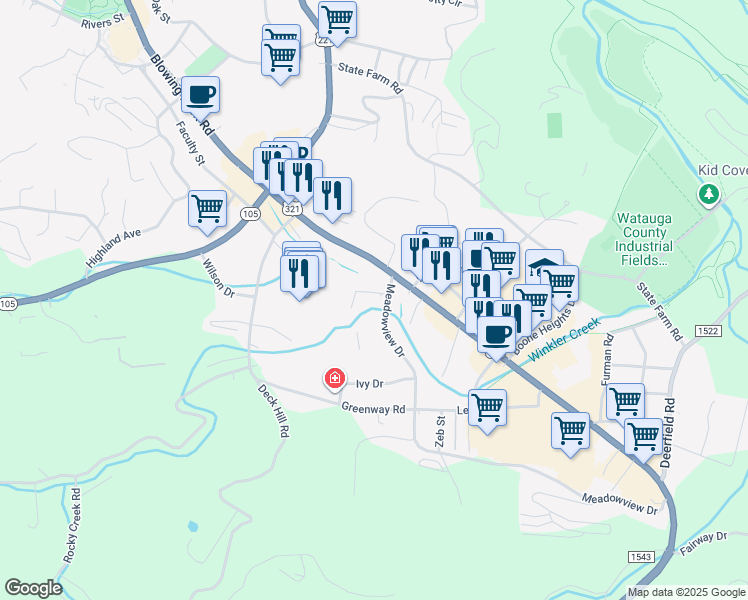 map of restaurants, bars, coffee shops, grocery stores, and more near 128 Meadowview Drive in Boone