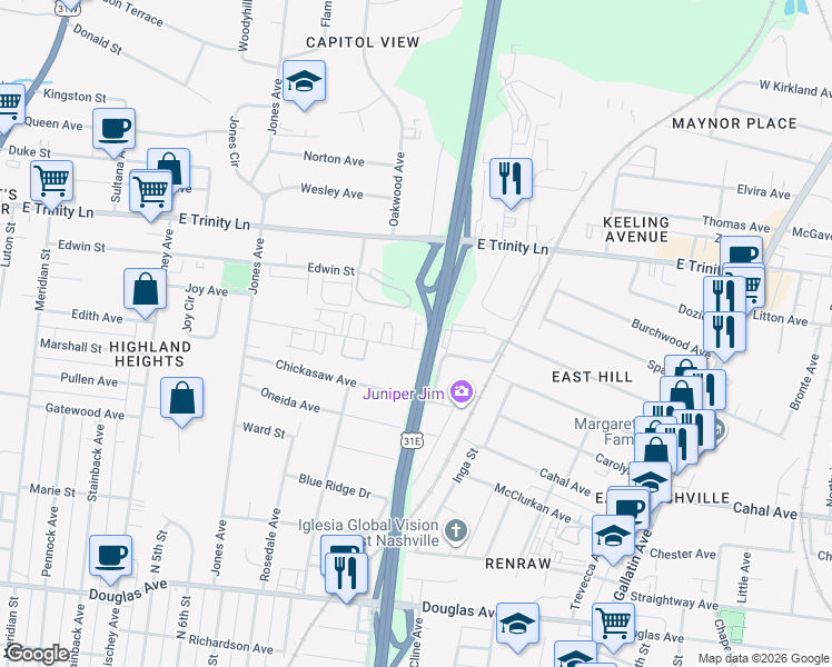 map of restaurants, bars, coffee shops, grocery stores, and more near 853 Cherokee Avenue in Nashville
