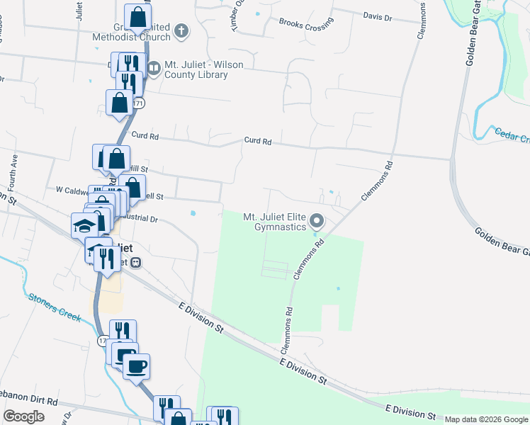 map of restaurants, bars, coffee shops, grocery stores, and more near 433 Curd Road in Mt. Juliet