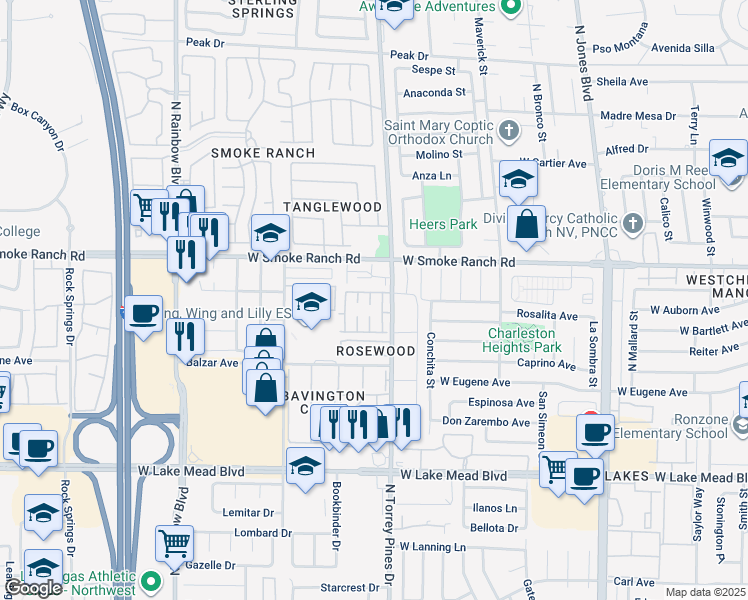 map of restaurants, bars, coffee shops, grocery stores, and more near 6445 Addely Drive in Las Vegas