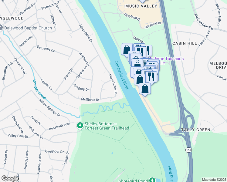map of restaurants, bars, coffee shops, grocery stores, and more near 3721 Moss Rose Drive in Nashville