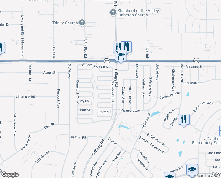map of restaurants, bars, coffee shops, grocery stores, and more near 30 Russell Road in Pahrump