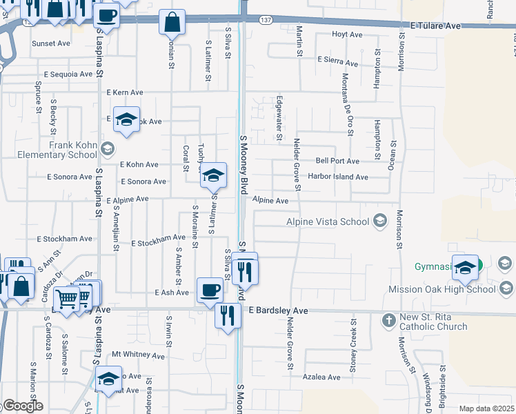 map of restaurants, bars, coffee shops, grocery stores, and more near 2286 Kirch Flat Avenue in Tulare