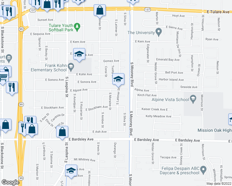 map of restaurants, bars, coffee shops, grocery stores, and more near 705 South Latimer Street in Tulare