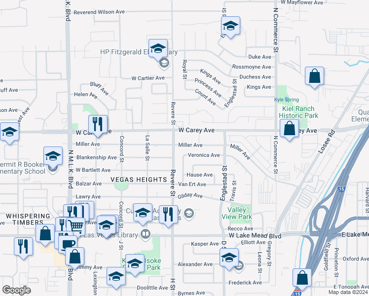 map of restaurants, bars, coffee shops, grocery stores, and more near 725 Miller Avenue in North Las Vegas