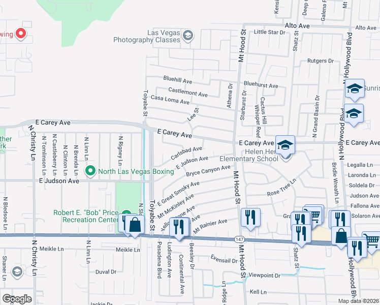 map of restaurants, bars, coffee shops, grocery stores, and more near 6155 East Carey Avenue in Las Vegas