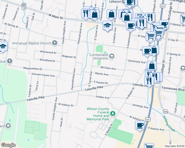 map of restaurants, bars, coffee shops, grocery stores, and more near 303 South Tarver Avenue in Lebanon