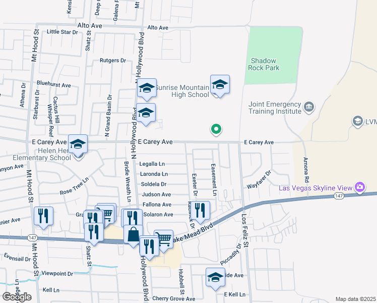 map of restaurants, bars, coffee shops, grocery stores, and more near 2377 Exeter Drive in Las Vegas