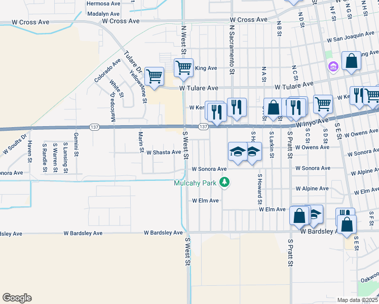 map of restaurants, bars, coffee shops, grocery stores, and more near 361 South West Street in Tulare