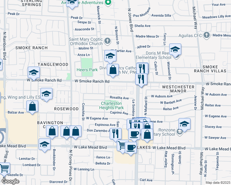 map of restaurants, bars, coffee shops, grocery stores, and more near 6204 Camino De Rosa Drive in Las Vegas