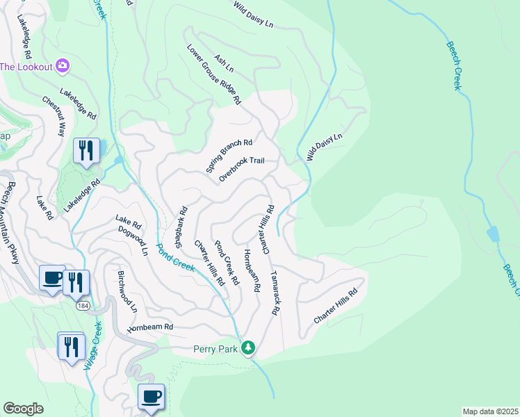 map of restaurants, bars, coffee shops, grocery stores, and more near 157 Pond Creek Road in Beech Mountain