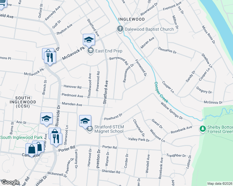 map of restaurants, bars, coffee shops, grocery stores, and more near 2201 Ridgecrest Drive in Nashville