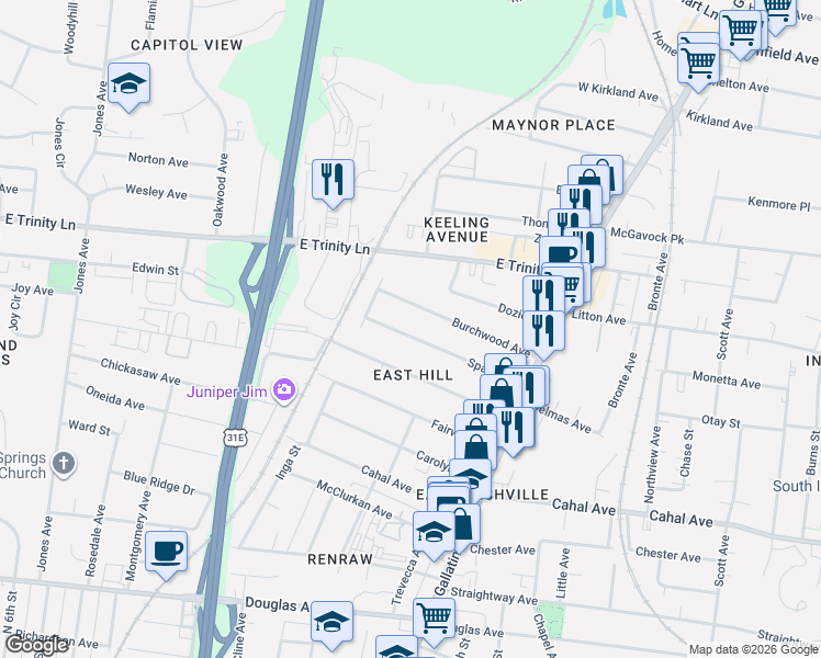 map of restaurants, bars, coffee shops, grocery stores, and more near 916 Burchwood Avenue in Nashville