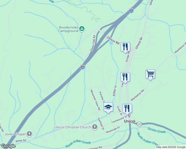 map of restaurants, bars, coffee shops, grocery stores, and more near 627 Monk Street in Unicoi