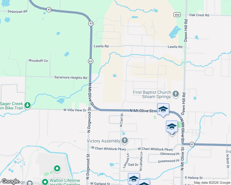 map of restaurants, bars, coffee shops, grocery stores, and more near 3095 North Mount Olive Street in Siloam Springs