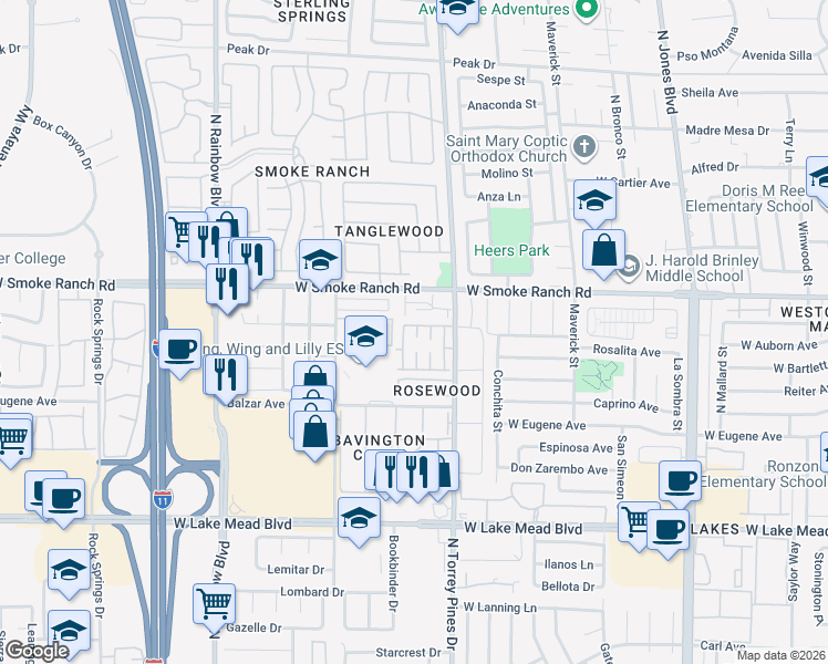map of restaurants, bars, coffee shops, grocery stores, and more near 6465 Big Pine Way in Las Vegas