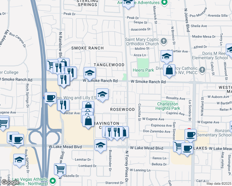 map of restaurants, bars, coffee shops, grocery stores, and more near 6445 Addely Drive in Las Vegas