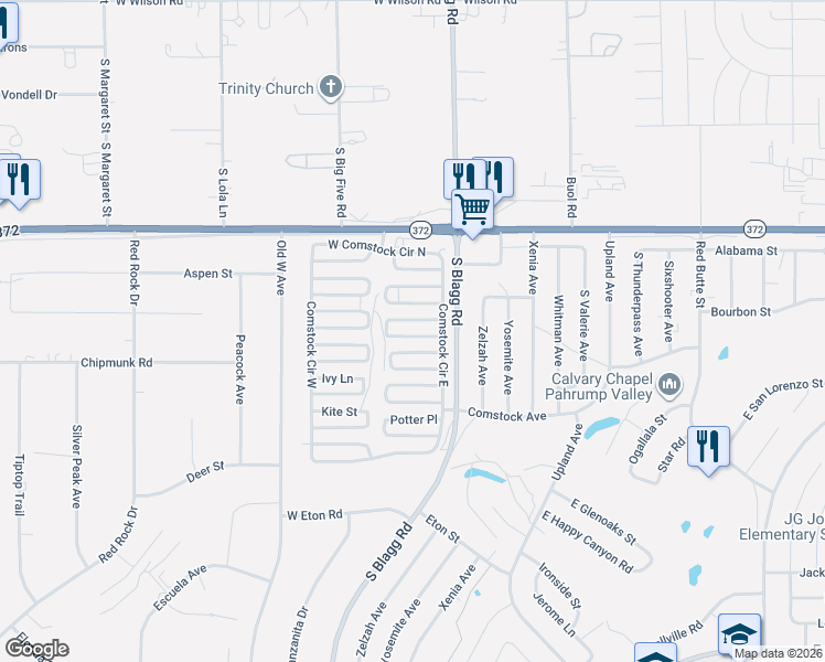 map of restaurants, bars, coffee shops, grocery stores, and more near 80 Russell Road in Pahrump