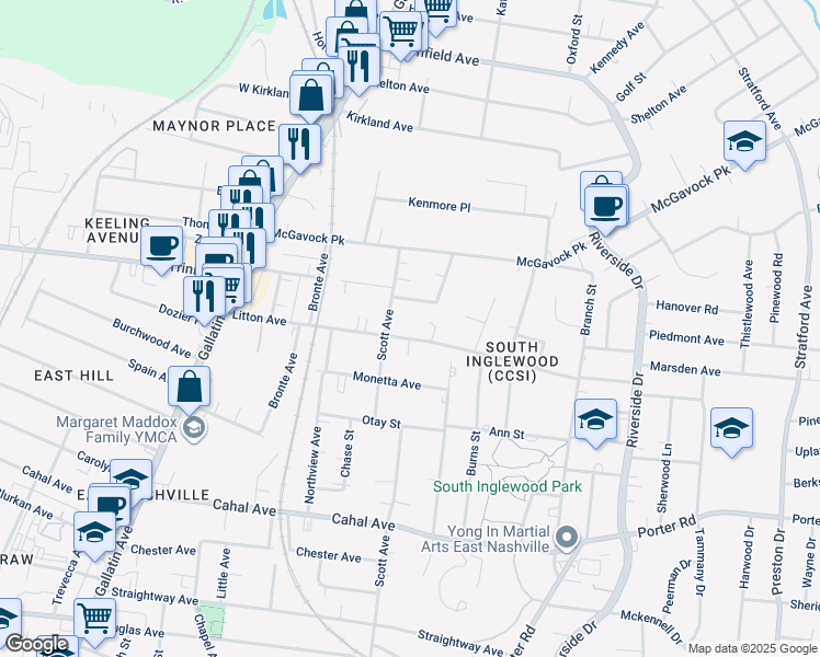 map of restaurants, bars, coffee shops, grocery stores, and more near 1410 Huffine Street in Nashville
