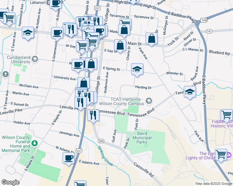 map of restaurants, bars, coffee shops, grocery stores, and more near 405 Harding Drive in Lebanon