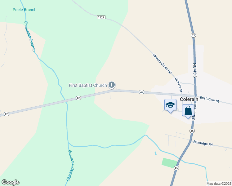 map of restaurants, bars, coffee shops, grocery stores, and more near 1840 North Carolina 42 in Colerain