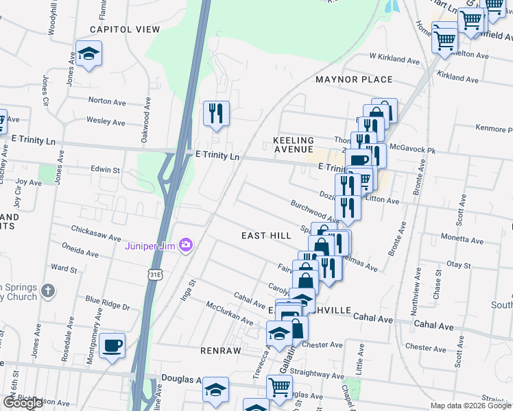 map of restaurants, bars, coffee shops, grocery stores, and more near 916 Burchwood Avenue in Nashville