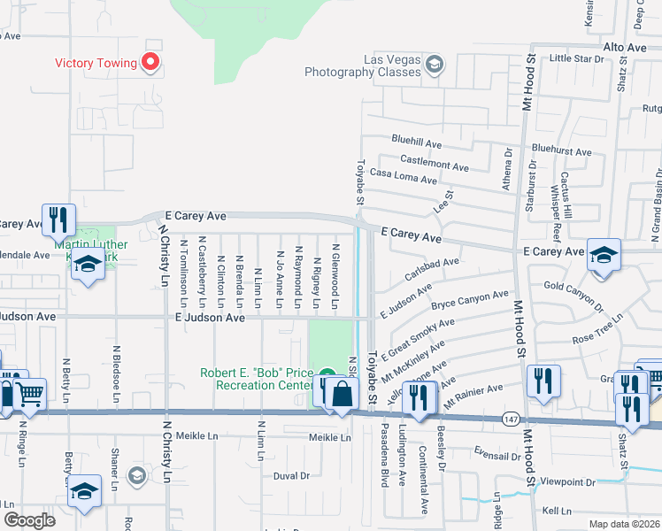 map of restaurants, bars, coffee shops, grocery stores, and more near 2261 North Glenwood Lane in Las Vegas