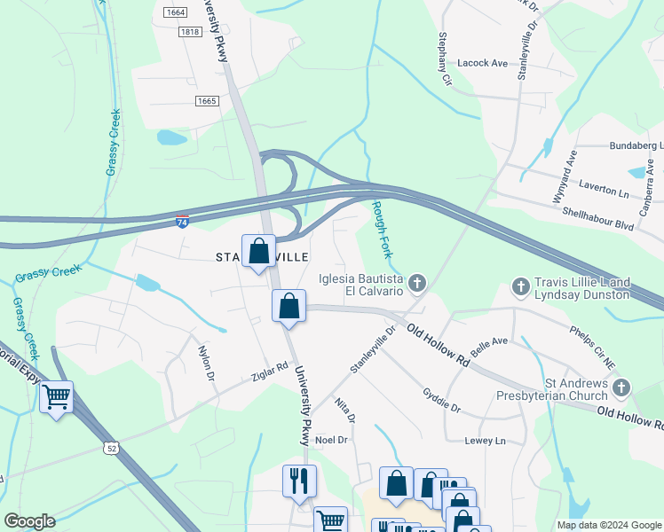 map of restaurants, bars, coffee shops, grocery stores, and more near 5890 Norman Road in Rural Hall