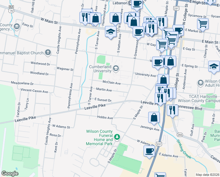 map of restaurants, bars, coffee shops, grocery stores, and more near 318 McClain Avenue in Lebanon
