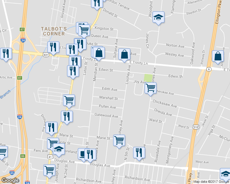 map of restaurants, bars, coffee shops, grocery stores, and more near 335B Edith Avenue in Nashville