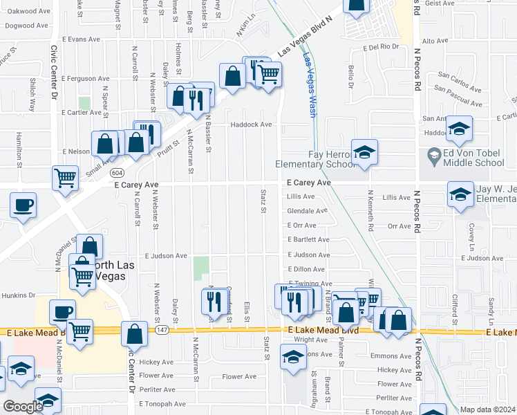 map of restaurants, bars, coffee shops, grocery stores, and more near in North Las Vegas