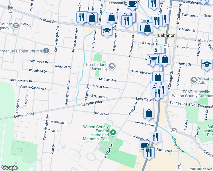 map of restaurants, bars, coffee shops, grocery stores, and more near 318 McClain Avenue in Lebanon