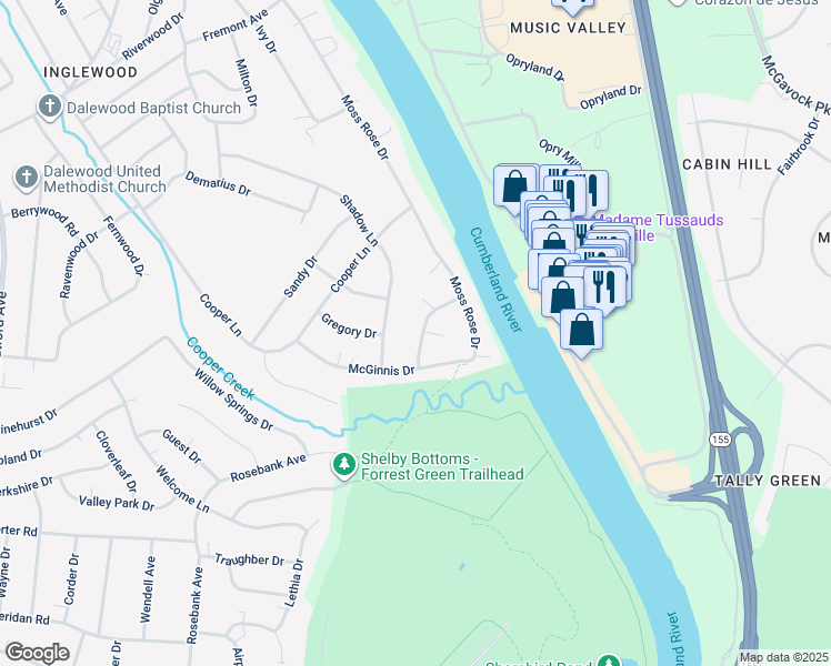 map of restaurants, bars, coffee shops, grocery stores, and more near 2625 Morganmeade Drive in Nashville