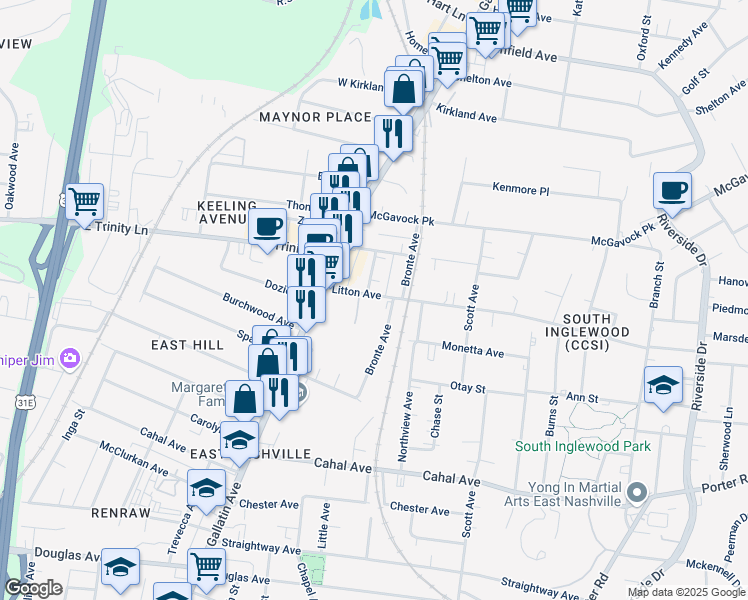 map of restaurants, bars, coffee shops, grocery stores, and more near 2903 Davis Avenue in Nashville