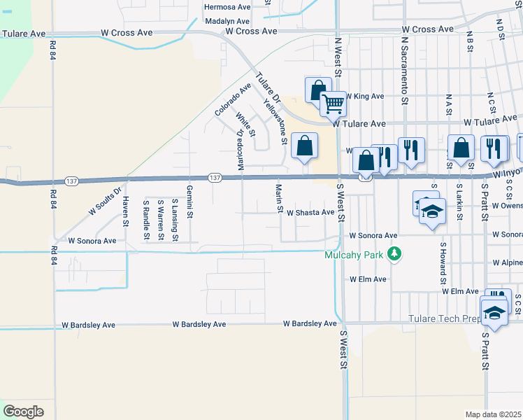map of restaurants, bars, coffee shops, grocery stores, and more near 1643 Yuba Circle in Tulare