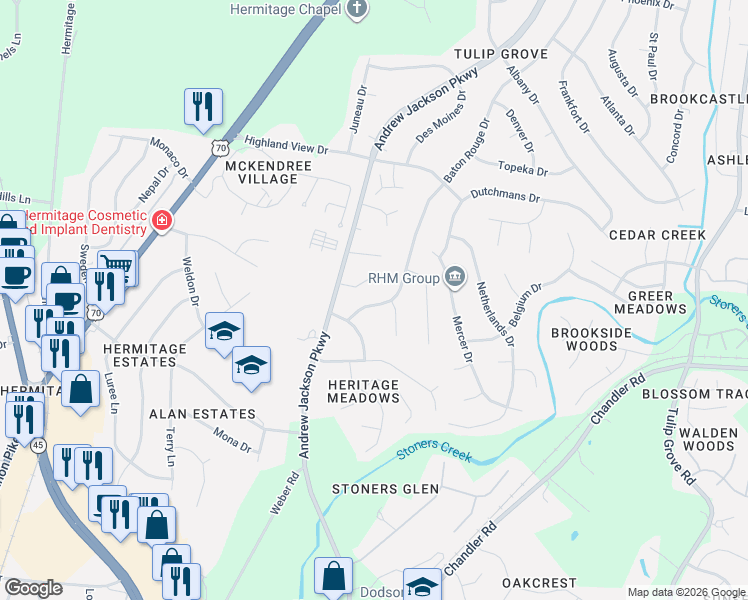 map of restaurants, bars, coffee shops, grocery stores, and more near 4316 Baton Rouge Drive in Nashville