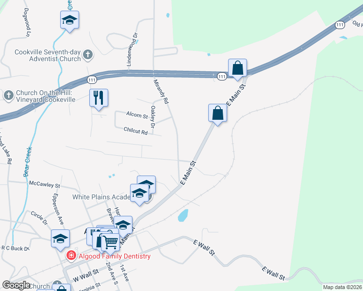map of restaurants, bars, coffee shops, grocery stores, and more near 199 Mirandy Road in Cookeville