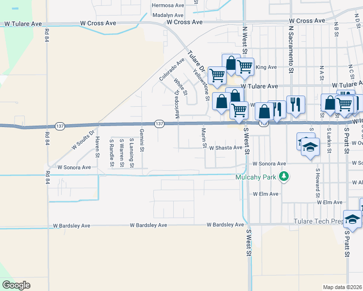 map of restaurants, bars, coffee shops, grocery stores, and more near 398 South Maricopa Street in Tulare