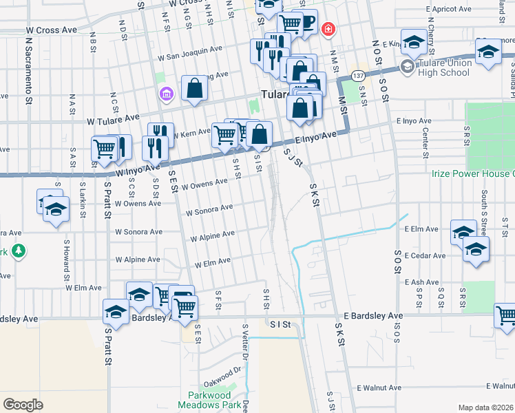 map of restaurants, bars, coffee shops, grocery stores, and more near 460 South H Street in Tulare