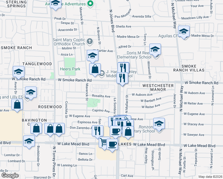 map of restaurants, bars, coffee shops, grocery stores, and more near 2320 North Tucumcari Drive in Las Vegas
