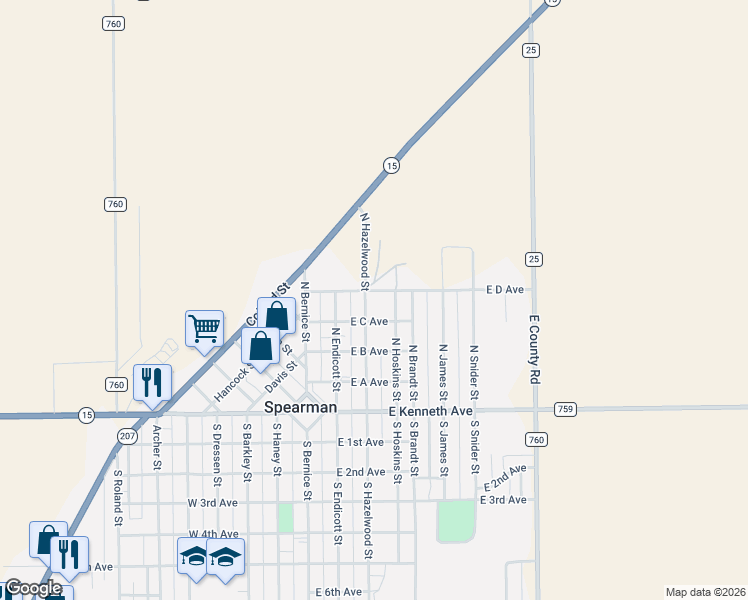 map of restaurants, bars, coffee shops, grocery stores, and more near 300-360 East D Avenue in Spearman