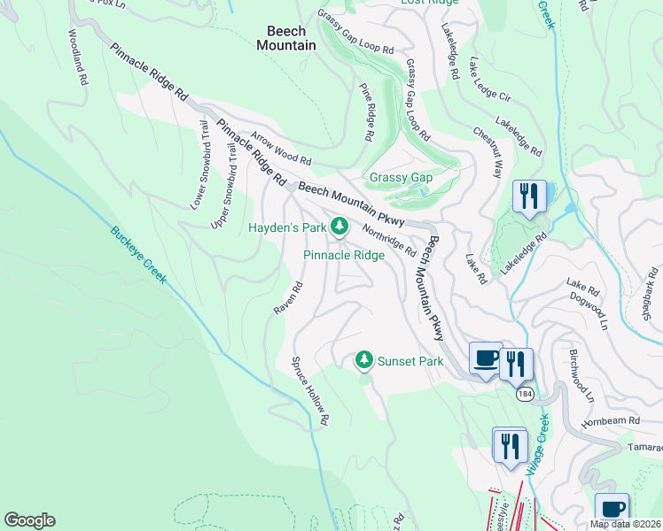 map of restaurants, bars, coffee shops, grocery stores, and more near 145 Village Road in Beech Mountain
