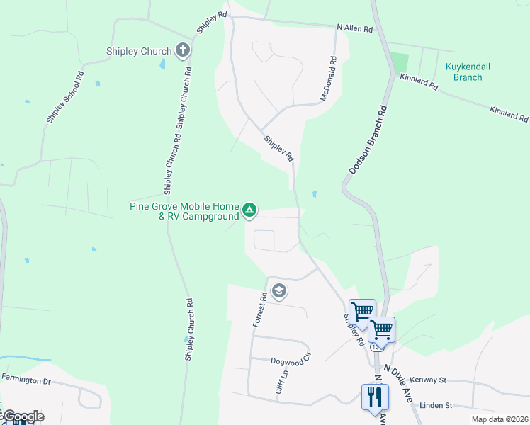 map of restaurants, bars, coffee shops, grocery stores, and more near 1476 Shipley Road in Cookeville