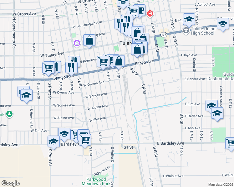 map of restaurants, bars, coffee shops, grocery stores, and more near 460 South H Street in Tulare