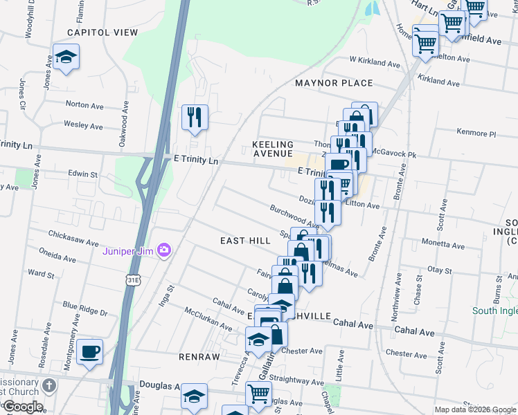 map of restaurants, bars, coffee shops, grocery stores, and more near 1001 Burchwood Avenue in Nashville