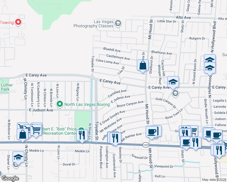 map of restaurants, bars, coffee shops, grocery stores, and more near 6078 Big Bend Avenue in Las Vegas