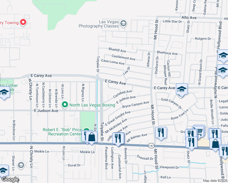 map of restaurants, bars, coffee shops, grocery stores, and more near 6078 Big Bend Avenue in Las Vegas