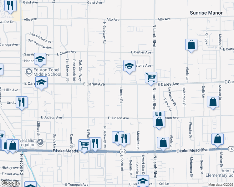 map of restaurants, bars, coffee shops, grocery stores, and more near 4045 East Carey Avenue in Las Vegas