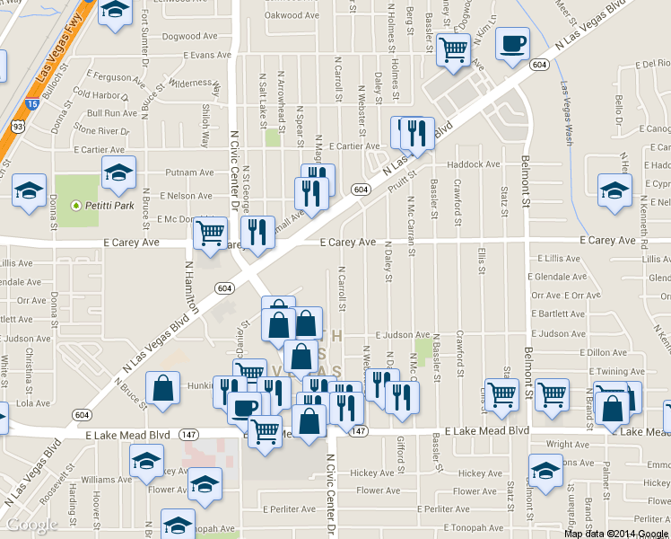 map of restaurants, bars, coffee shops, grocery stores, and more near in North Las Vegas